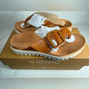 Vionic Uptown Marin Sandals Slides Platform Chunky Brown Leather Thong Size 5W